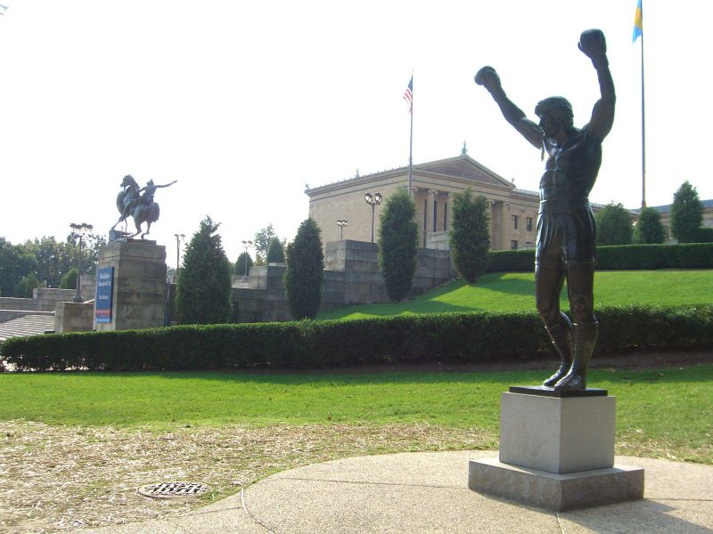 Bronze statue of en:Rocky Balboa, standing just northeast of the en:Philadelphia Museum of Art's famed "en:Rocky Steps". Taken en:September 26, en:2006 by Nightscream.  This image has been (or is hereby) released into the public domain by its author, Nightscream at the wikipedia project. This applies worldwide.  In case this is not legally possible: Nightscream grants anyone the right to use this work for any purpose, without any conditions, unless such conditions are required by law.